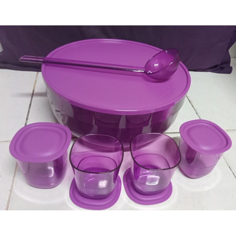 🎊Tupperware PUNCH BOWL WITH LADLE & CRYSTALLINE SHORT GLASS WITH LID