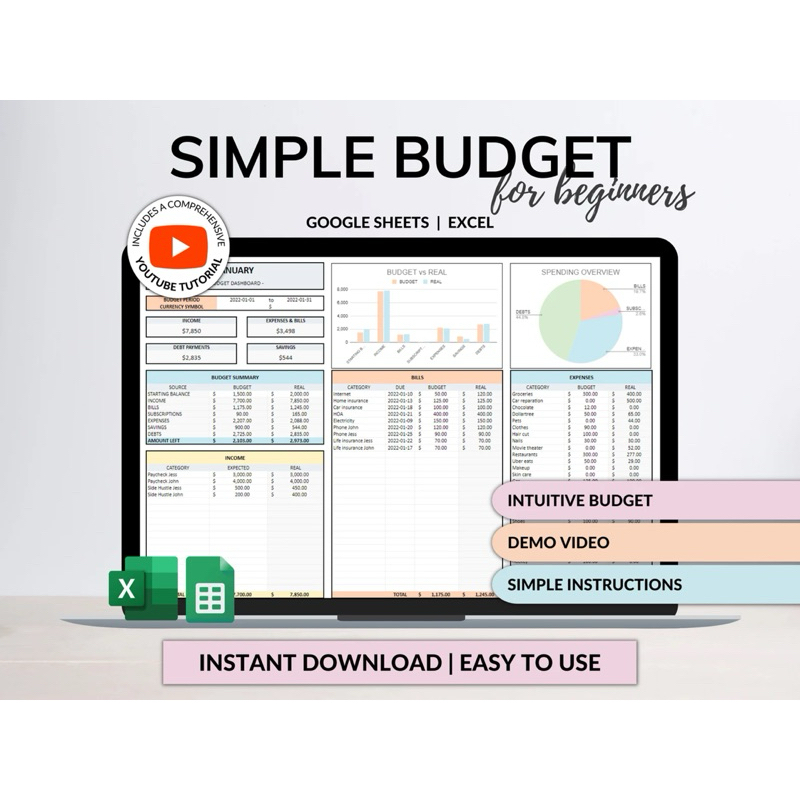 Simple Budget Planner Monthly Budget Spreadsheet Google Sheets Excel ...