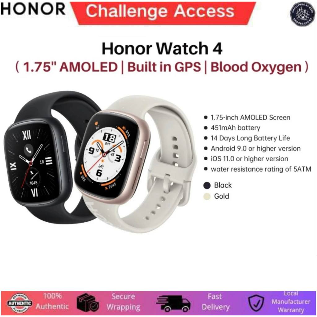NEW HONOR Watch 4 BLACK 1.75 AMOLED 5ATM Bluetooth GPS Android