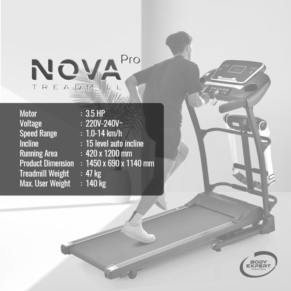 Body Expert Nova Pro Treadmill 1 Year Warranty 15 Level Auto Incline Foldable Wide Surface Support up to 140kg