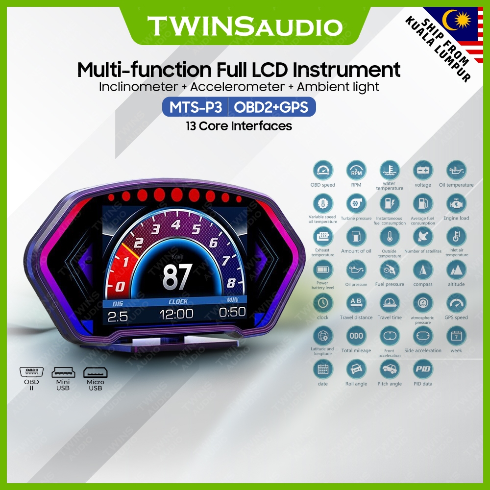 P24 HUD Head Up Display OBD2 GPS LCD Car Digital Speedometer RPM/Alarm/Temp Incline Meter for All Vehicles