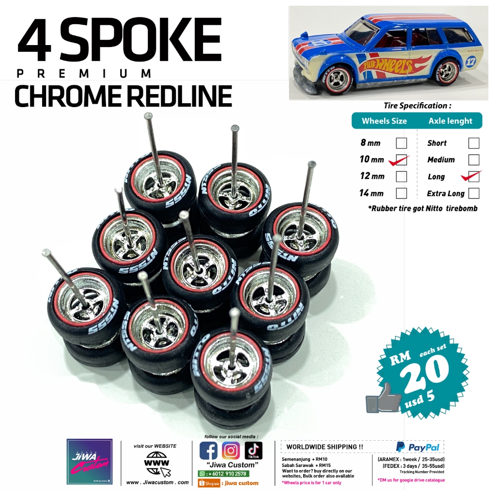 4 Spoke Donuts Long Axle Rubber Tire 10 set Chrome for JDM 1:64