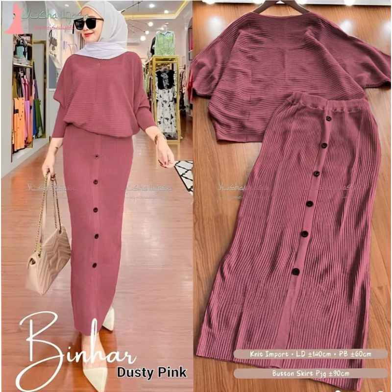SET BATWING RAJUTSET BINHAR 2 IN 1 BLOUSE & SKIRT KNIT LABUH FREESIZE