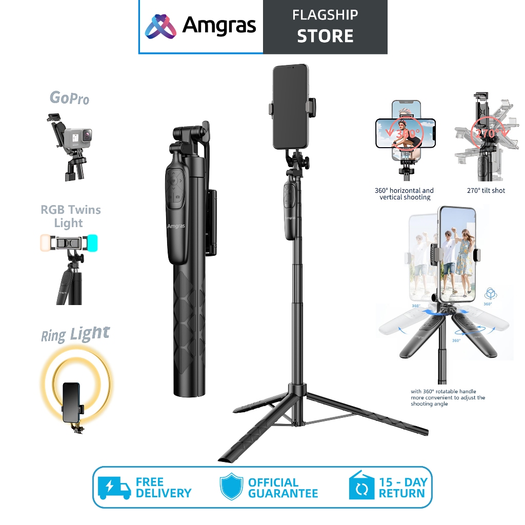 Amgras Tripod S02 Pro 1900mm Selfie Stick Anti-shake Tripod Stand ...