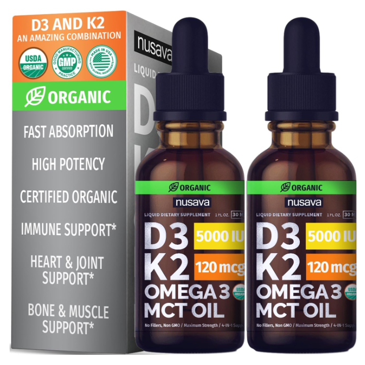 (2 Pack) Organic Vitamin D3 K2 Drops w MCT Oil Omega 3, Maximum
