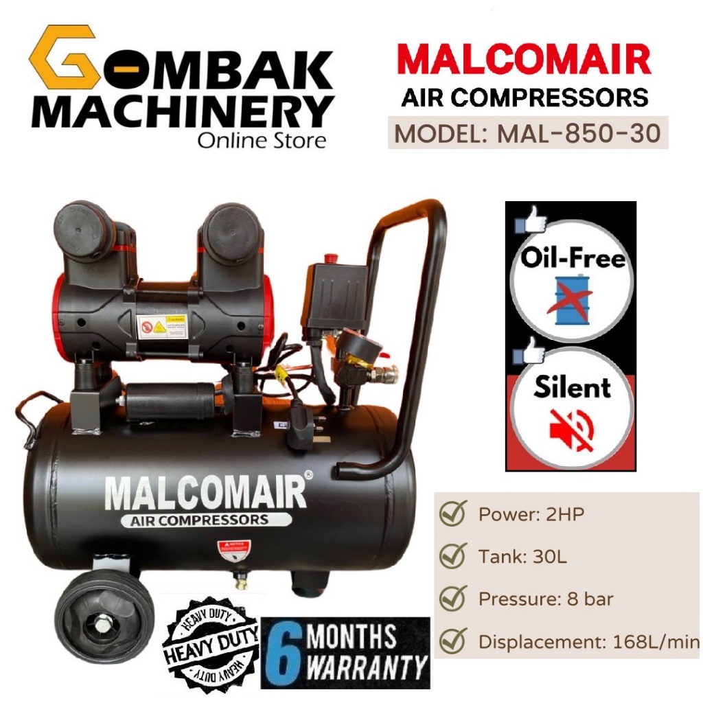 MALCOMAIR 850W 30L Silent & Oil Free Air Compressor MAL-850-30 - Heavy ...