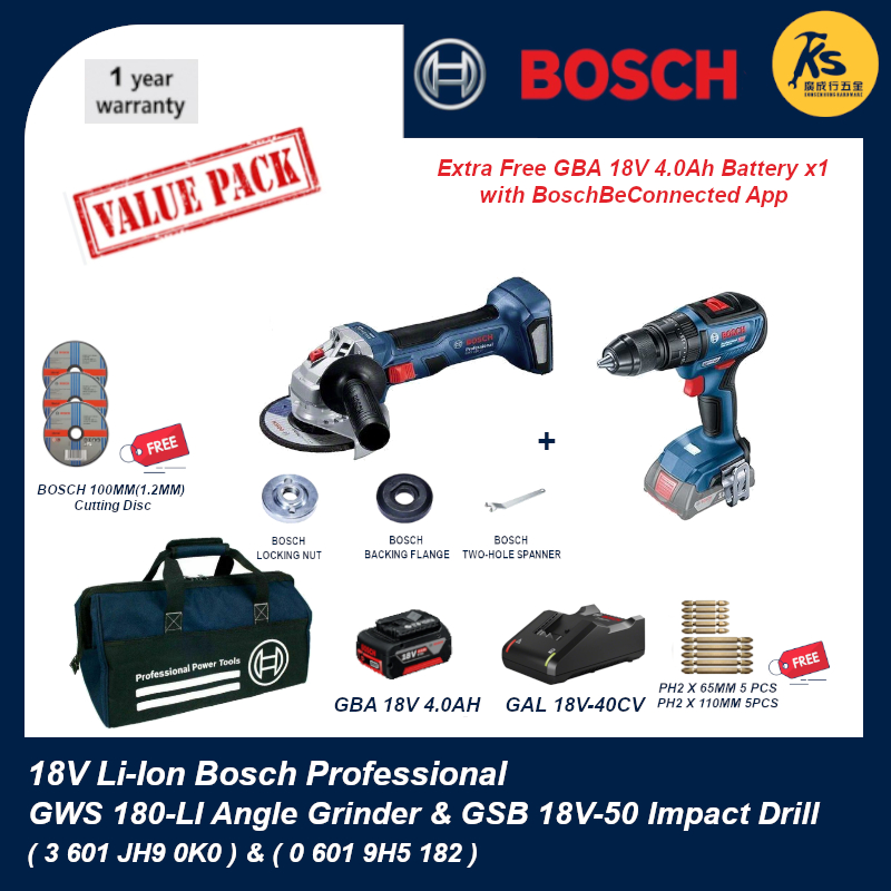 BOSCH 18V GWS 180-LI Cordless Angle Grinder & GSB 18V-50 Impact Drill ...