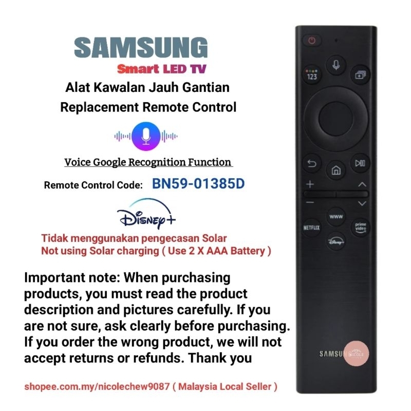 Samsung BN59-01385D Smart LED TV Replacement Remote Control With Voice ...