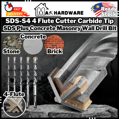 Max SDS-S4 4 Flute Cutter Carbide Tip SDS Plus Concrete Masonry Wall ...