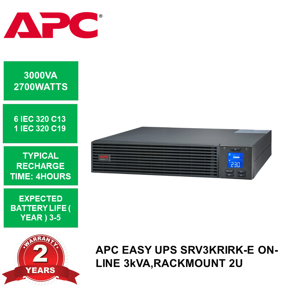 Apc Easy Ups On Line Srv3krirk E 3kva 2700w Rackmount 2u 230v 6x Iec C13 1x Iec C19 Outlets