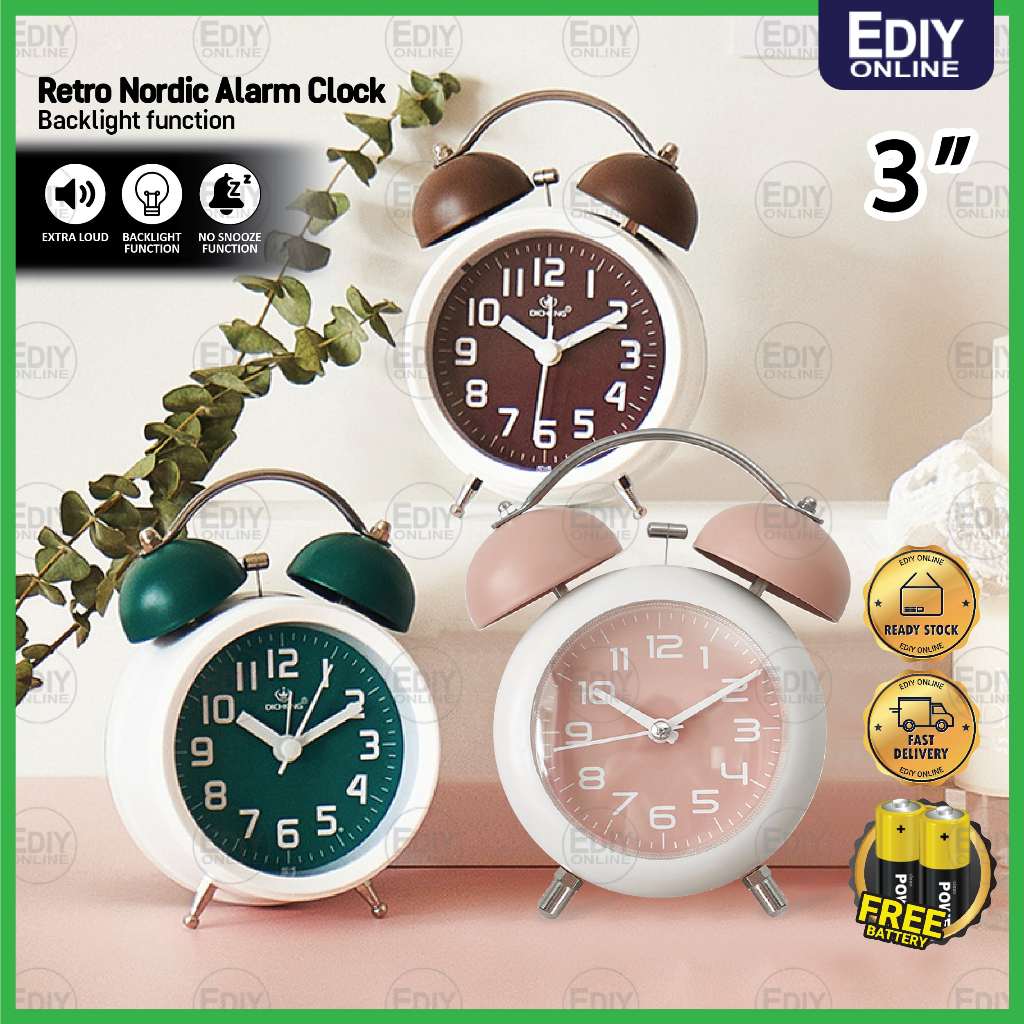 Retro Nordic Alarm Clock Quartz Twin Bell Analogue Digital Watch LED ...