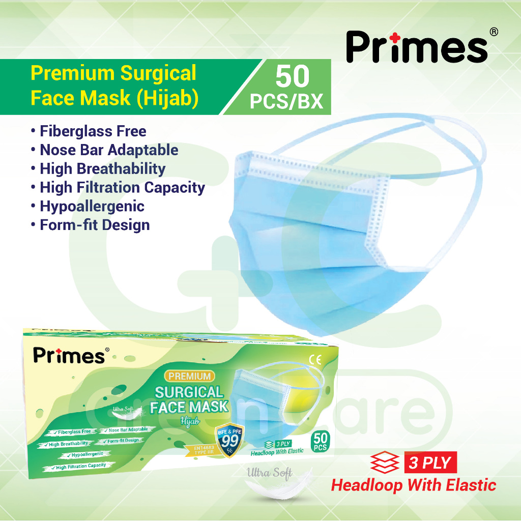 Primes Premium Surgical Face Mask (Hijab) (3ply Headloop With Elastic ...