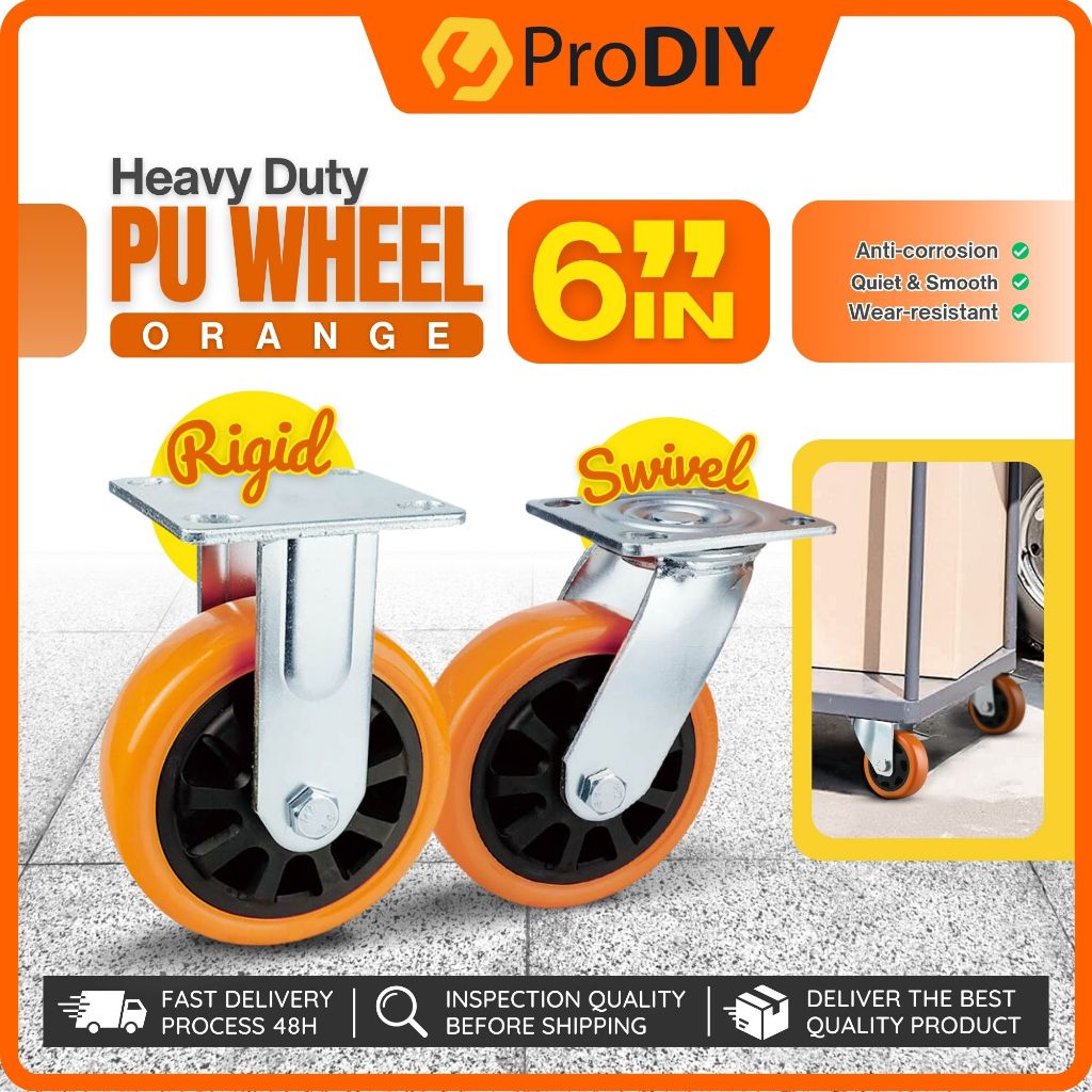 6in / 150mm Heavy Duty PU Wheel Caster Swivel Rigid Rubber Wheel Quiet ...