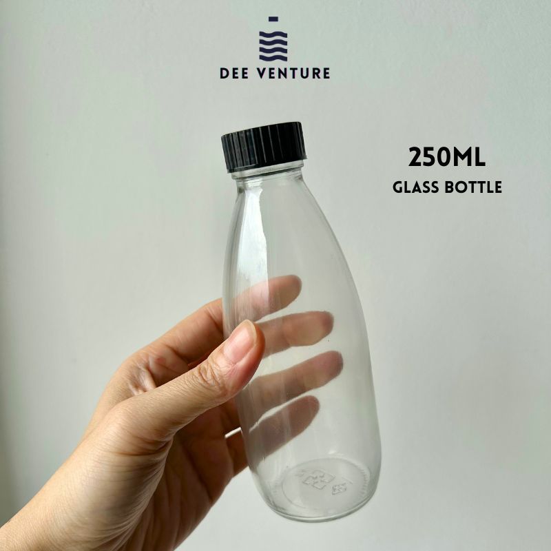 250ml Clear Round Bottom Glass Bottle with Black Screw Cap & Stopper