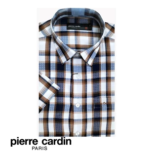 PIERRE CARDIN MEN SHORT SLEEVE CHECKED SHIRT WITH POCKET (SEMI REGULAR FIT) - WHITE BROWN (W4204B-11517)