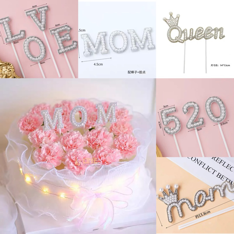 Ins Pearl Mum Topper Lace Ribbon Carnation Flower Mother's Day Cake ...