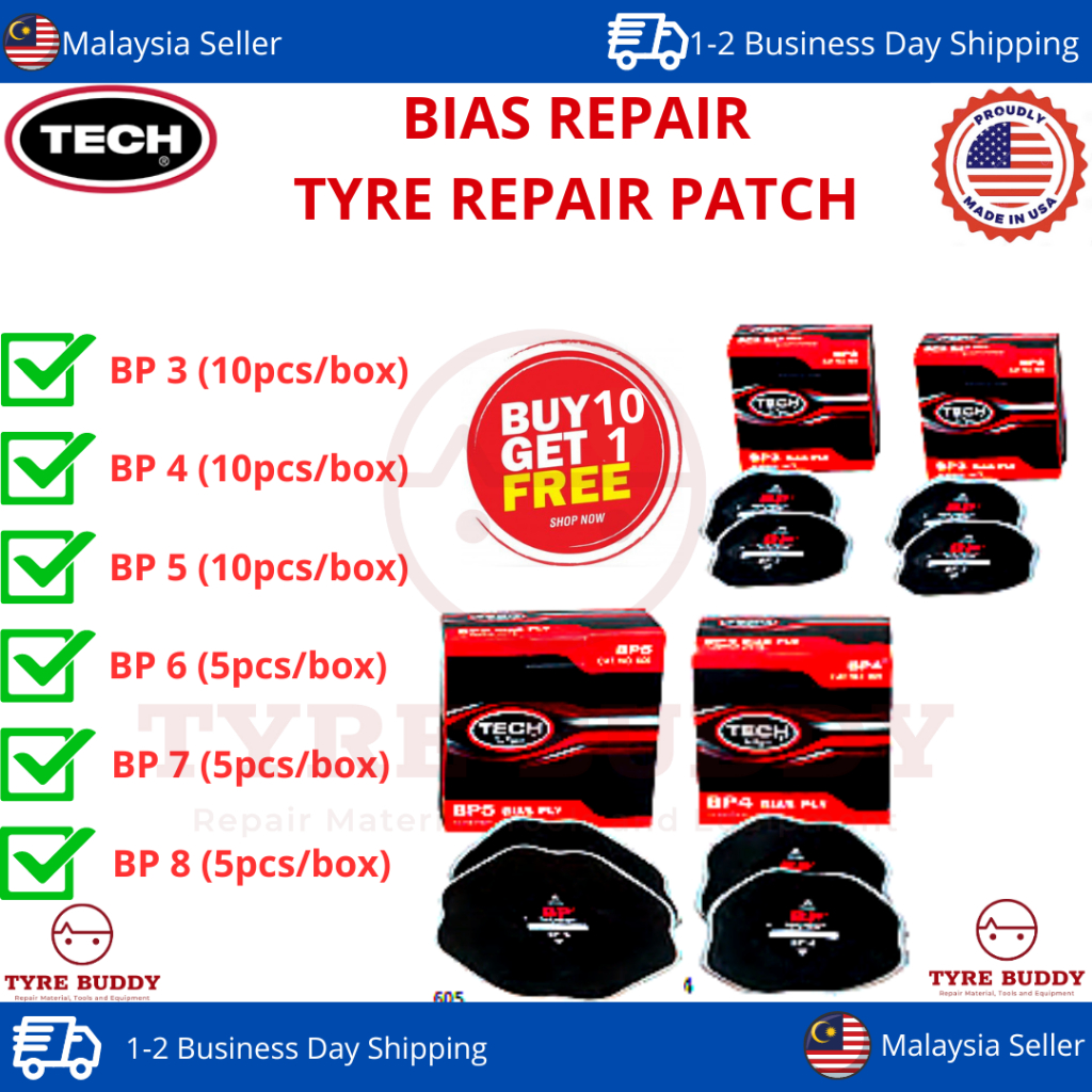 BUY 10 FREE 1 TECH Bias Repair Tyre Repair Patch,TIPTOP Tayar; Puncture ...