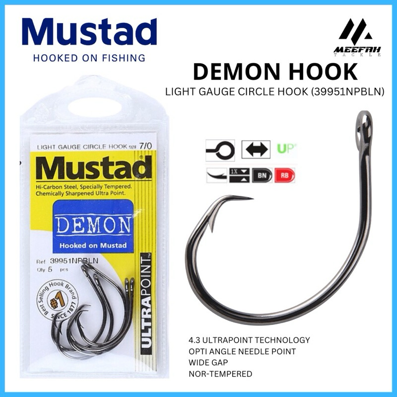 MUSTAD 39951NPBLN DEMON LIGHT GAUGE TUNA CIRCLE 39951NP-BN FISHING HOOK ...