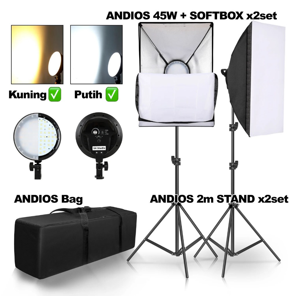 ANDIOS LED Softbox Lighting Kit Dimmable 45W Live Photography