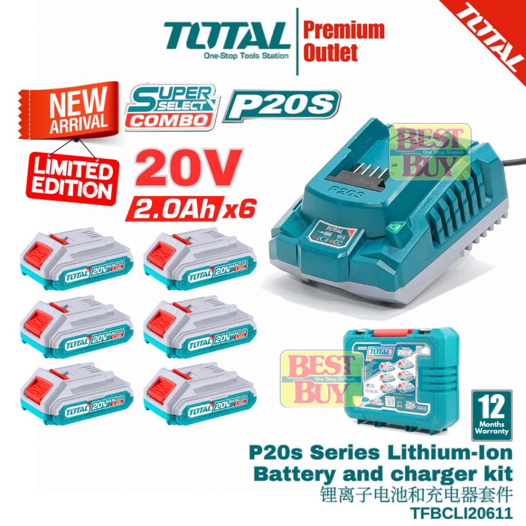 TOTAL Tools 6 Pcs 20v 2.0Ah P20s Series Li-Ion Battery & Charger kit ...