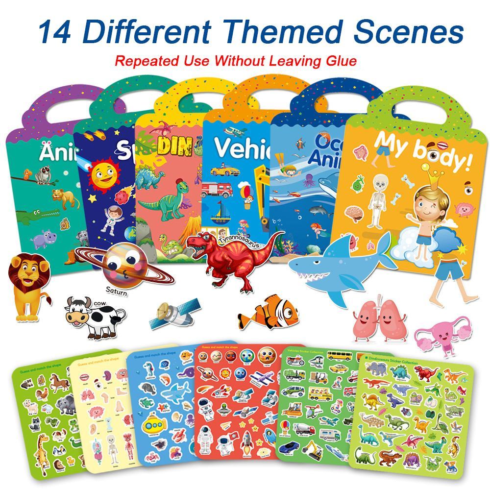 Kids Reusable Static Sticker Book Theme Cartoon Puzzle Early English ...