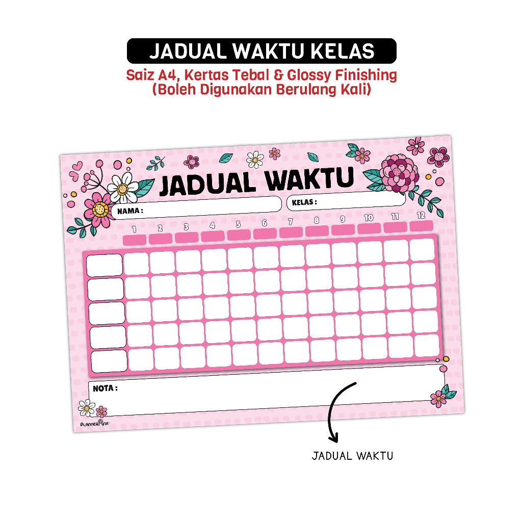 Jadual Waktu Kelas Boleh Diguna Semula, Saiz A4 Glossy Laminate ...