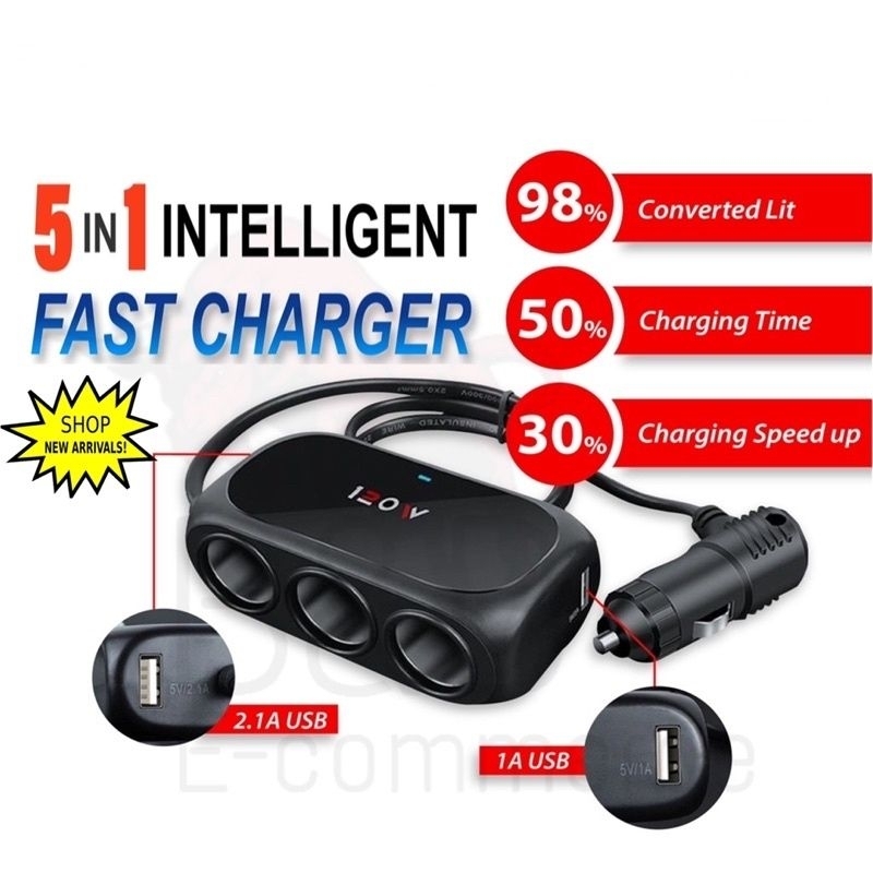 Car Socket Charger 2 USB Port 120W DC 12V-24V 5IN1 + 3 Cigarette Socket ...