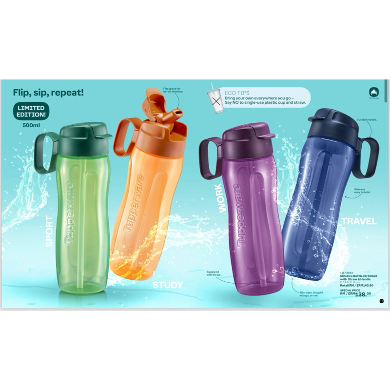 Tupperware Slim Eco Bottle with Handle 500ml | Shopee Malaysia