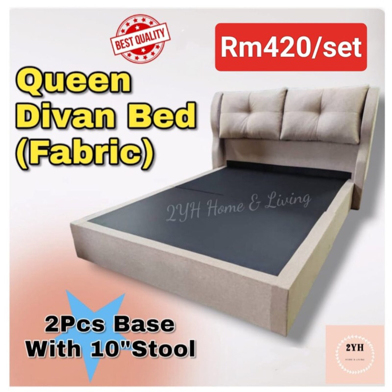 🔥Ready Stock 🔥Fabric Queen Size Divan Bed with 2Pcs Base 10”stool