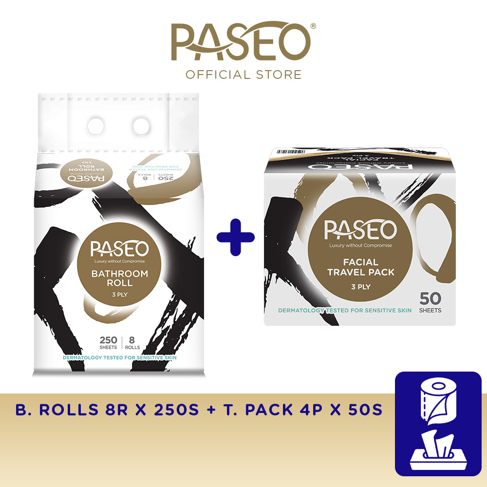 Paseo XOXO Bathroom Roll 3 Ply (250's x 8 Rolls) + Facial Travel 3 Ply
