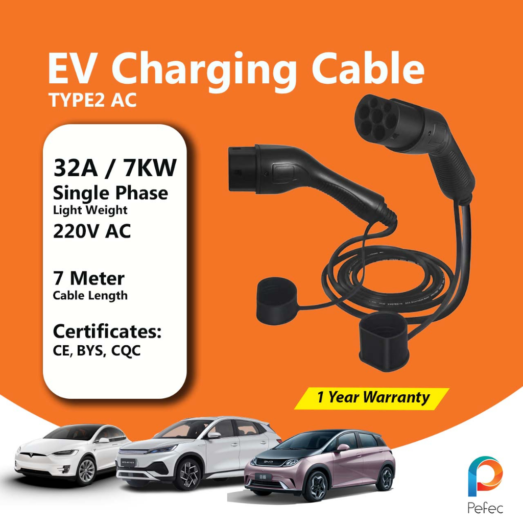 Type2 Female to Male Plug EV Charging Cable 32A 7KW Electric Car