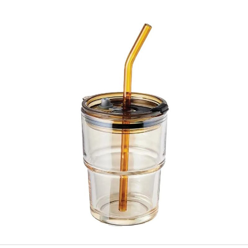 Glass Cup with Straw Coffee Mug With Lid Transparent Water 450ml
