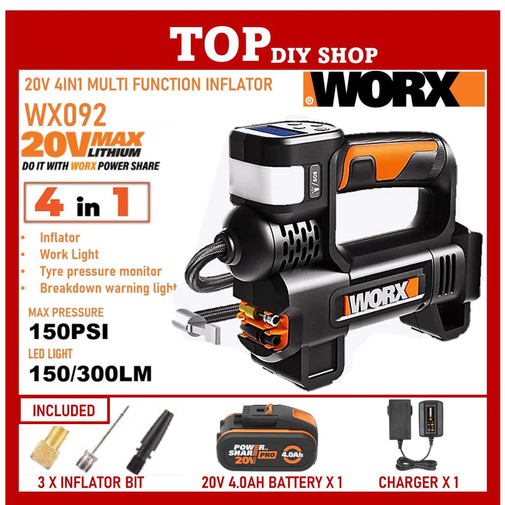 WORX WX092 High Pressure Inflator 4-IN-1 Tool (Inflator, Tire pressure ...