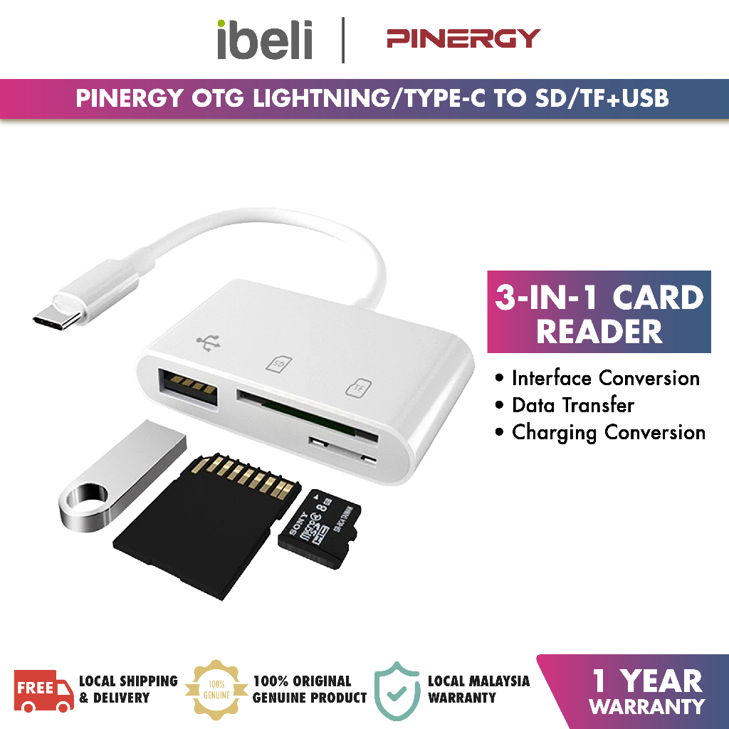 PINERGY OTG CARD READER 3 IN 1 LIGHTNING / TYPEC TO SD/TF + USB
