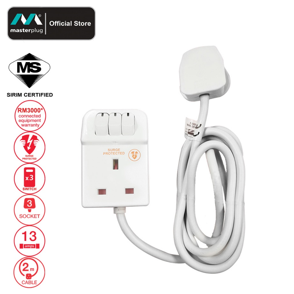 Masterplug Surge Protector 3 Gang 2 Meter 13Amp Switched Extension Lead