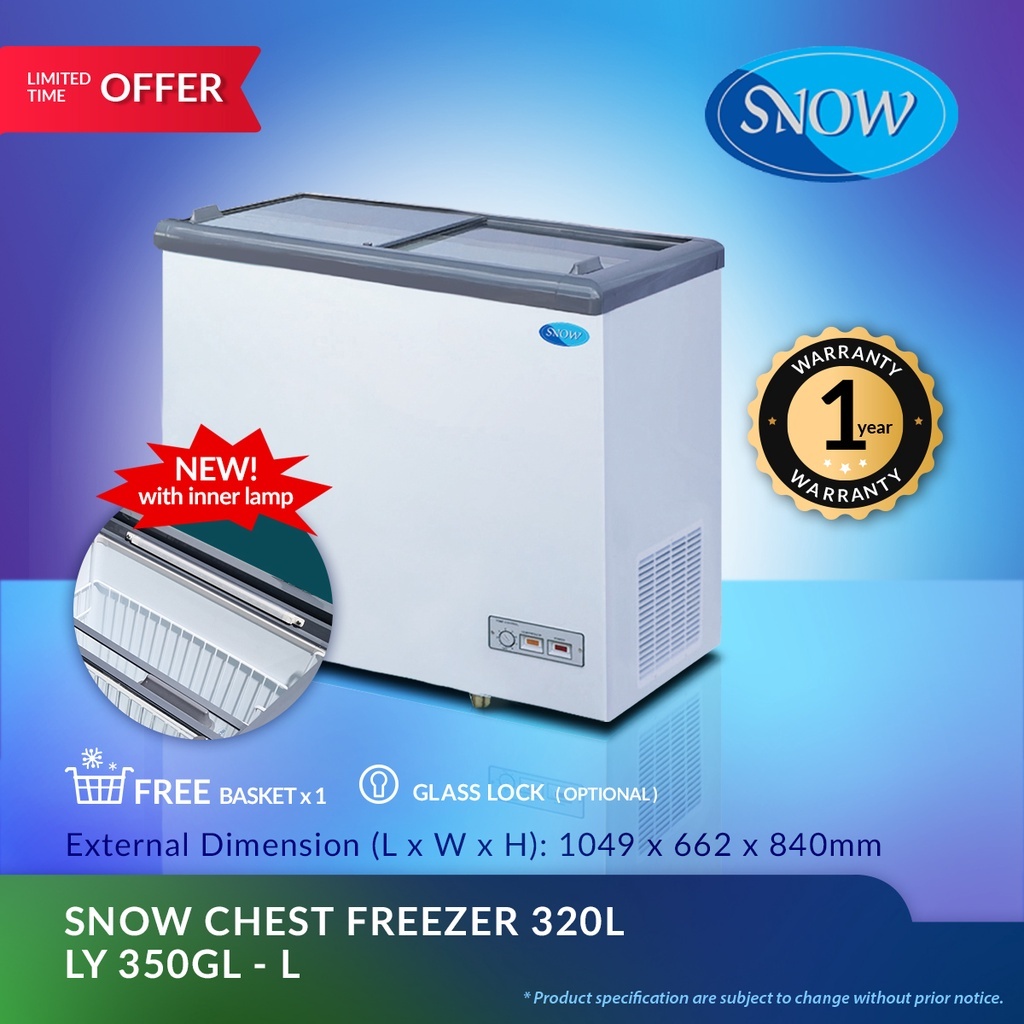 SNOW CHEST FREEZER (FLAT GLASS SLANTING SLIDING LID) LY350GLL LED LIGHT 320  Liter .