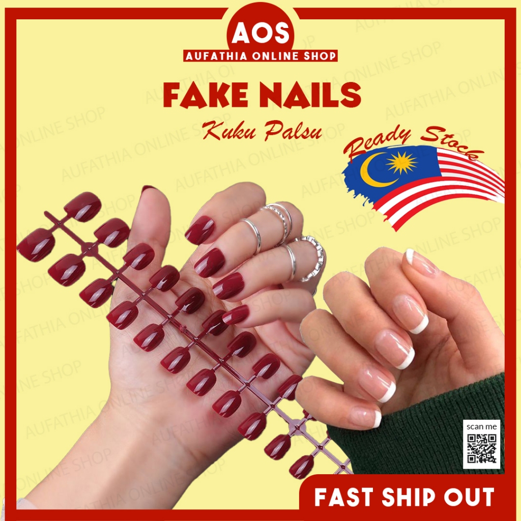 🇲🇾 24 pcs Glossy French Fake Nails with Sticker Glue Kuku Palsu