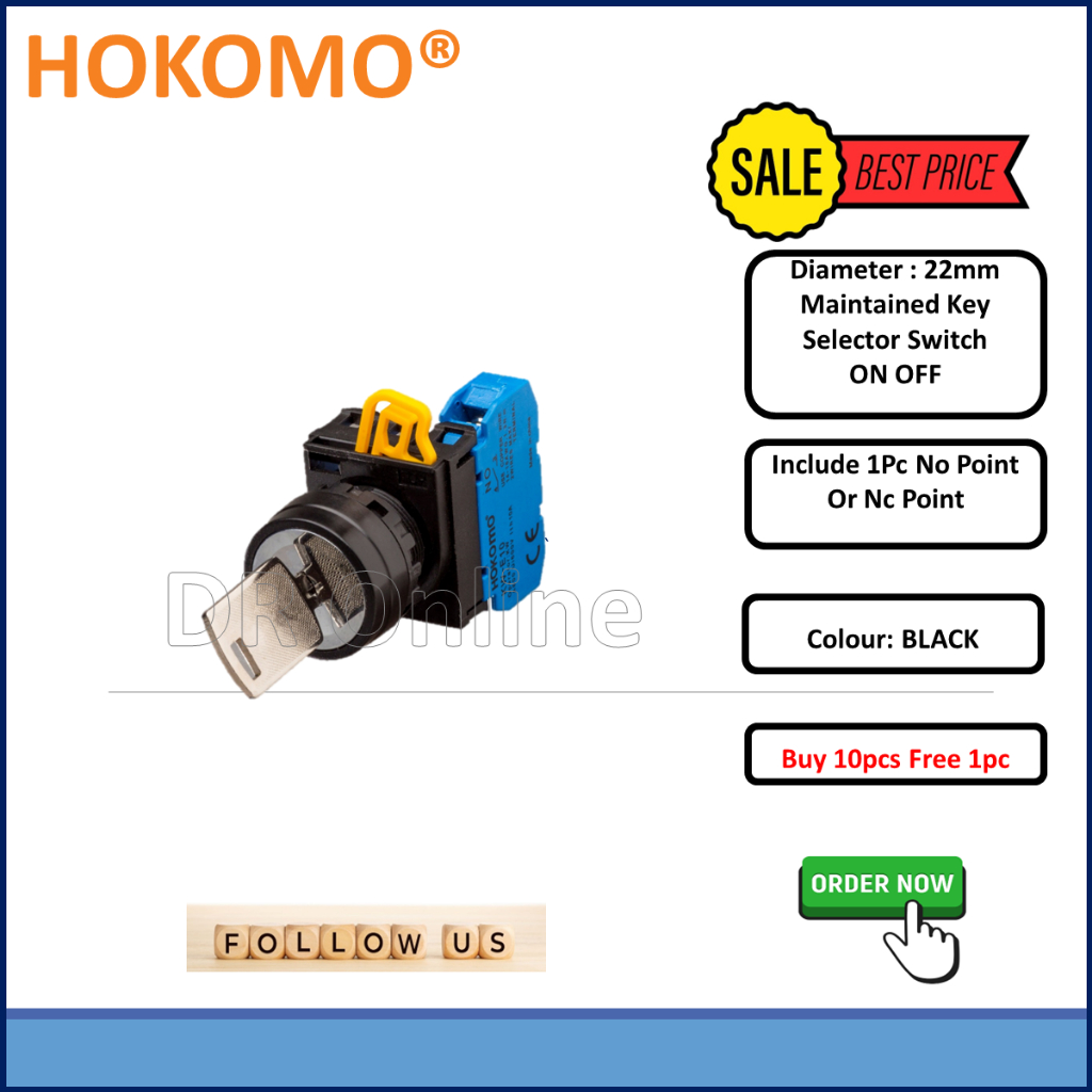 HOKOMO Key Selector Switch On Off 22mm/25mm 90° 2-position 1NO / 1NC ...