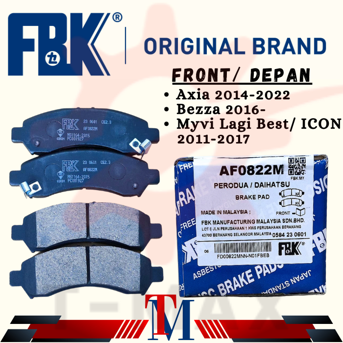 FBK Brake Pad Front/ Depan Perodua Axia / Bezza / Myvi 2nd Gen Lagi