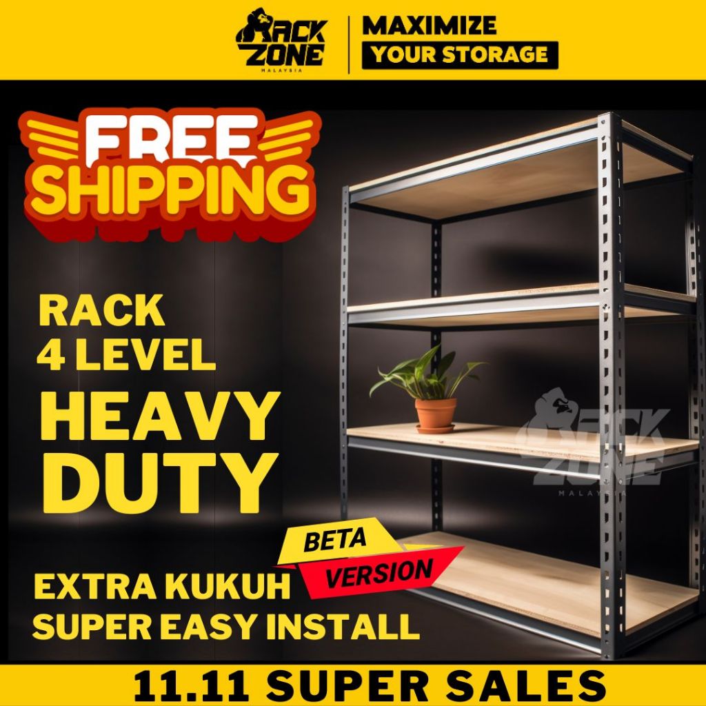 RACKZONE Black 4 Tier Rak Boltless Rack Heavy Duty Rak Besi Bertingkat Rak Dapur Kitchen Rack