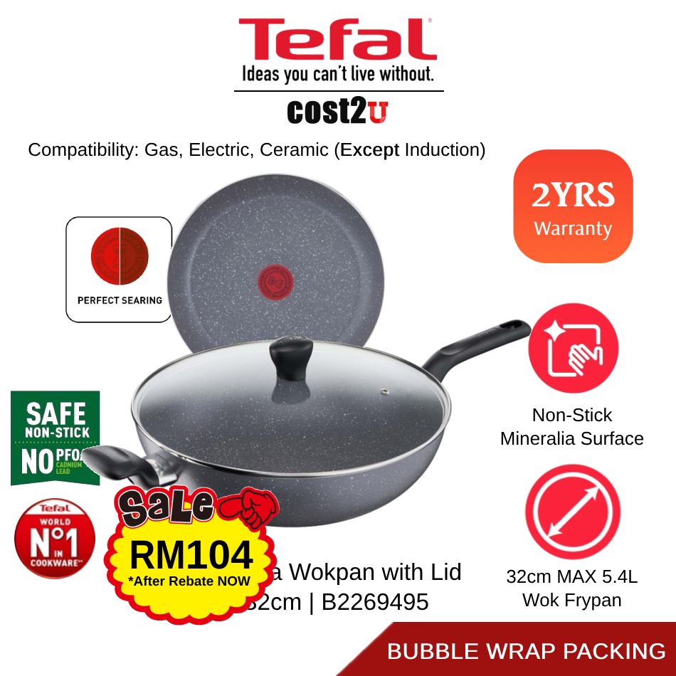 Tefal NonStick Natura Wokpan with Lid 32cm B22694 B2269495 (Big Fry Pan Deep Cookware Pans