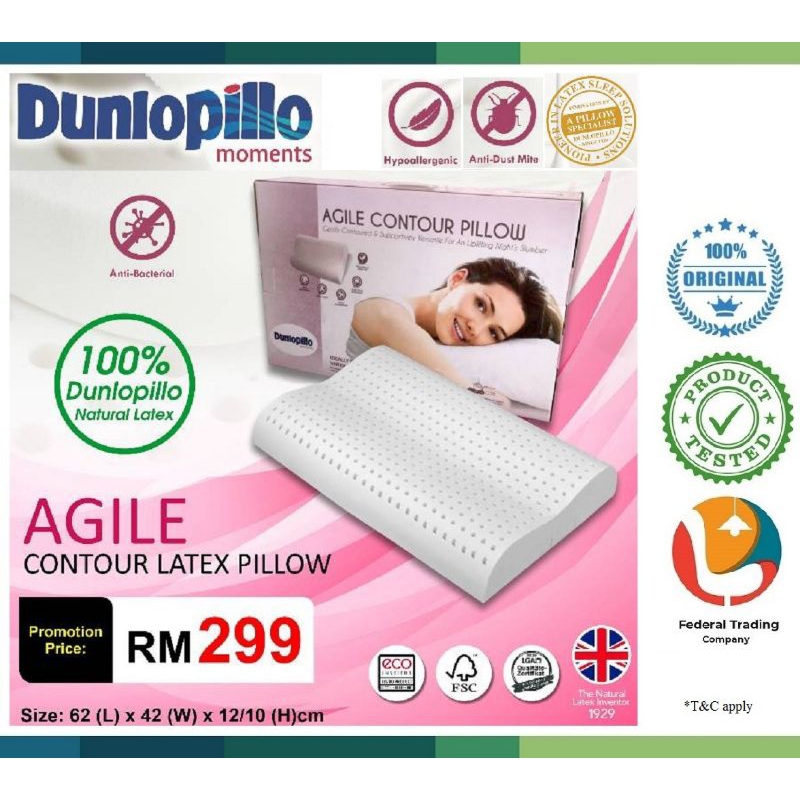 Dunlopillo Agile Contour Pillow 100 Natural Latex Trusted UK Brand