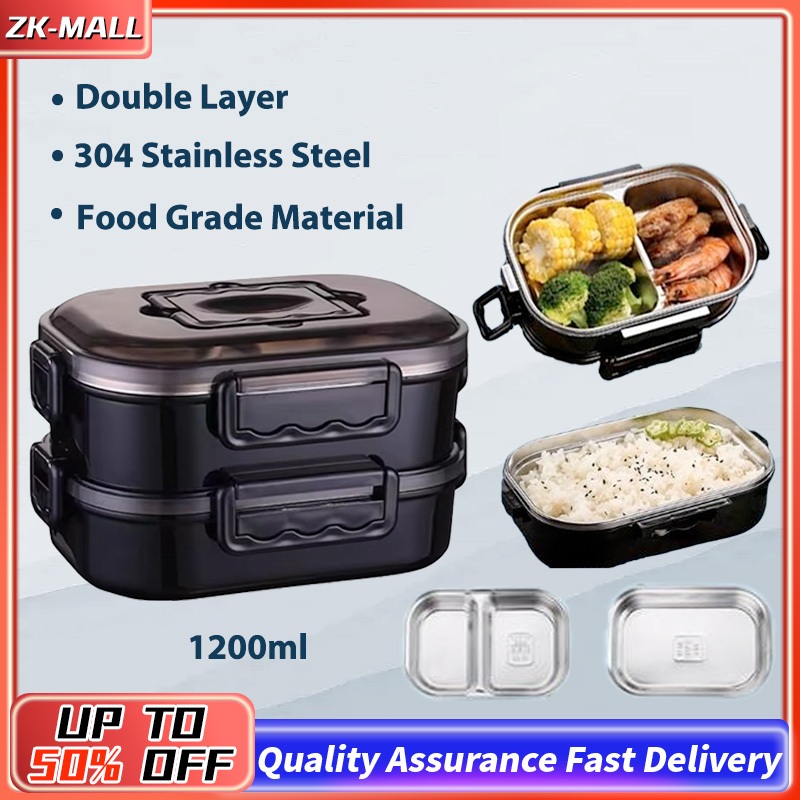 304 Stainless Steel Portable Bento Lunch Box Double Layer 1200ML ...