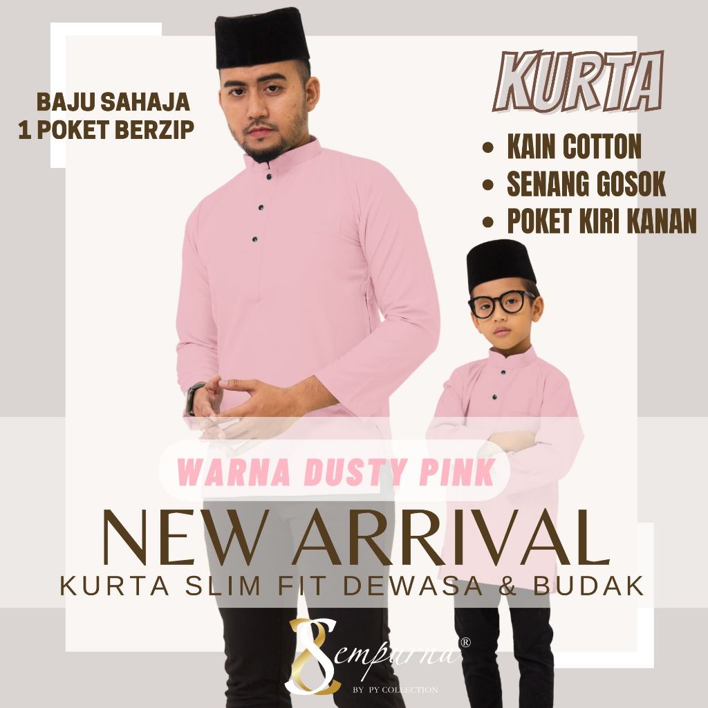 Kurta Slim Fit Warna Dusty Pink 】kurta Budak And Dewasa Sedondon Kain Cotton Premium Kurta Raya 5340