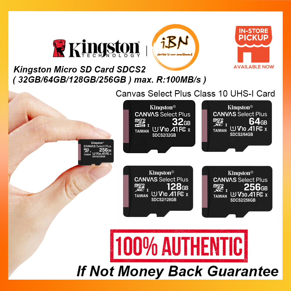 Kingston 256GB microSDXC Canvas Select Plus 100MB/s Read A1 Class 10 UHS-I  Memory Card + Adapter (SDCS2/256GB)