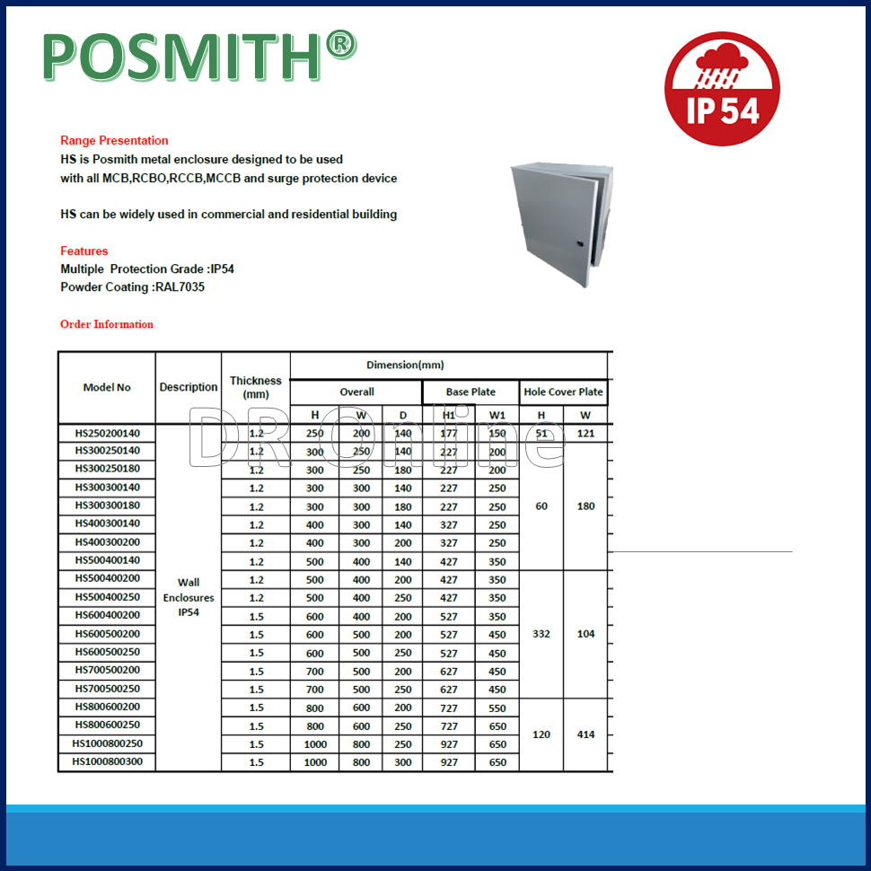 POSMITH IP54 Metal Enclosure Electrical Panel Box H300mm X W250mm X ...