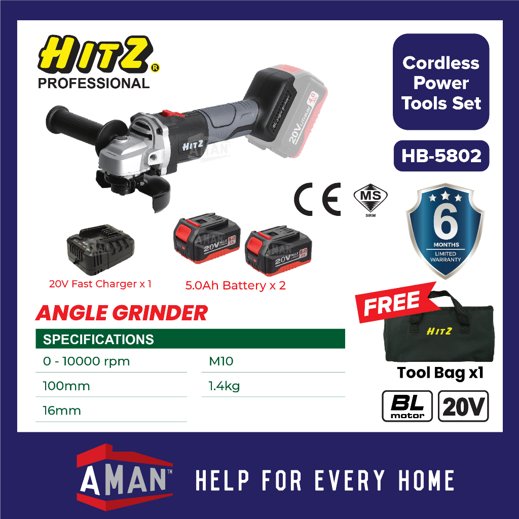 HITZ 20V Angle Grinder Cordless Brushless Rechargeable Battery Wireless