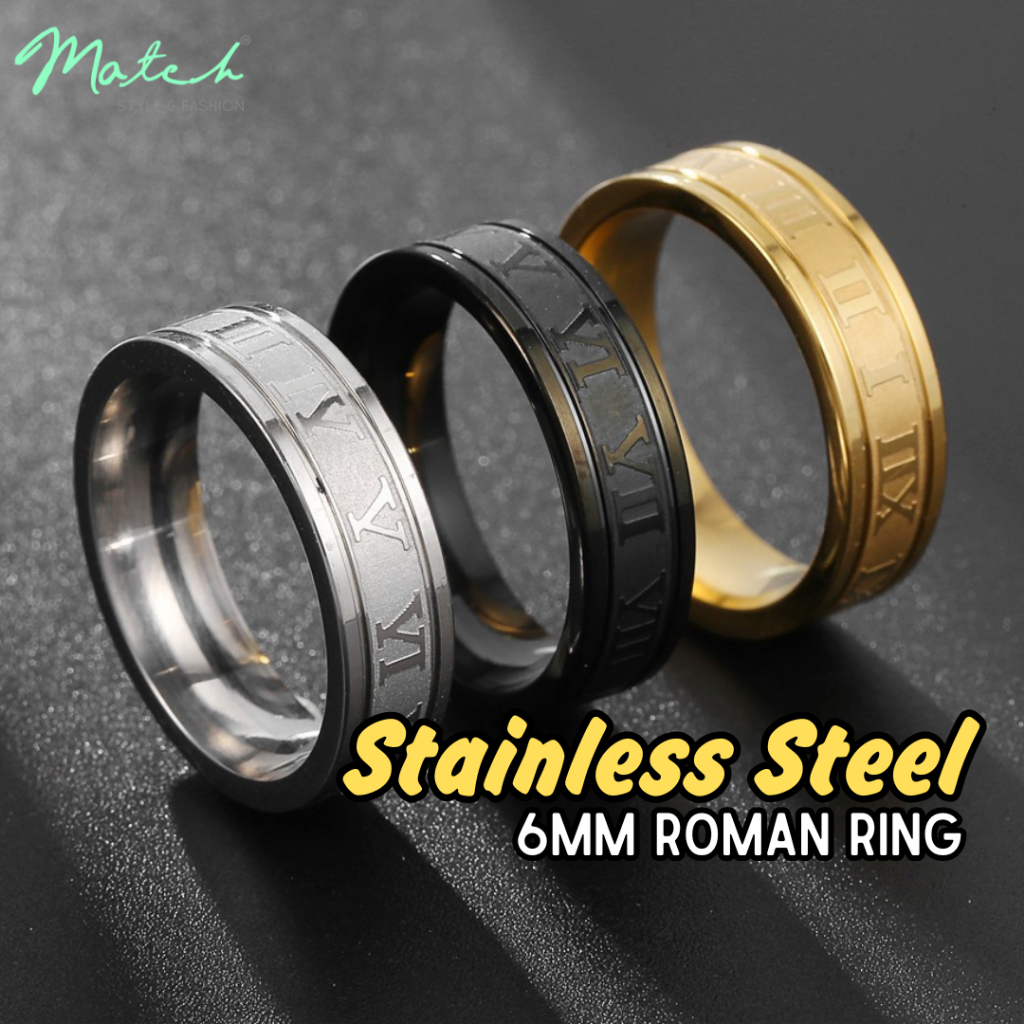 6mm Roman Rings Stainless Steel Cincin Titanium Ring Black Gold Silver ...