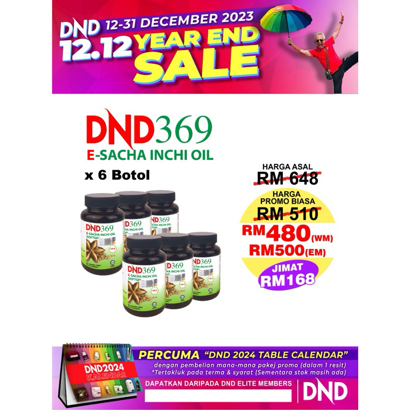 💯 GENUINE. 🎁FREE DND 2024 KALENDAR. 6 BOTOL DND 369 SACHA INCHI OIL