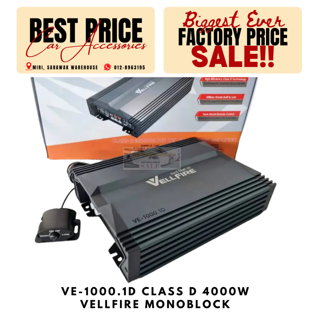 VE1000.1D CLASS D 4000W VELLFIRE Monoblock Car Subwoofer Amplifier